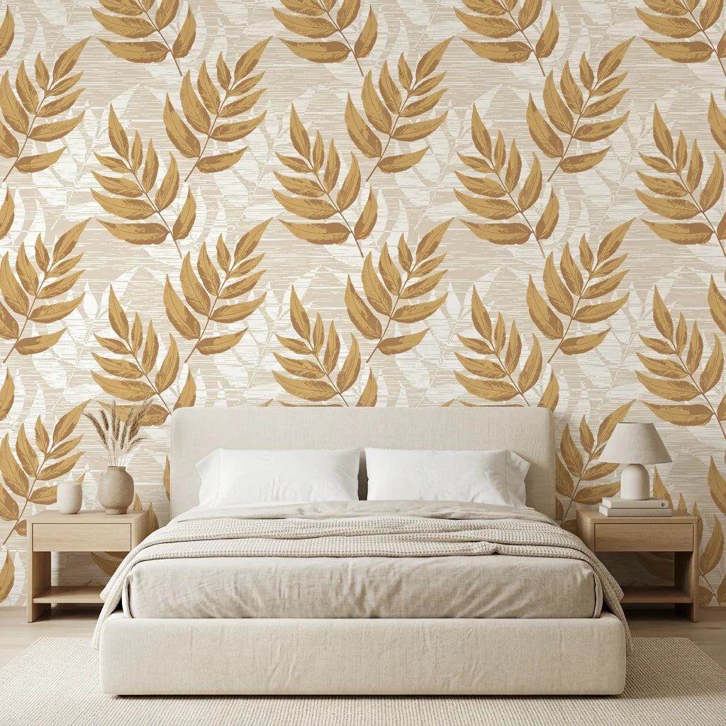 Linen textured Golden Fern wallpaper detail showing warm amber botanical leaves on cream background