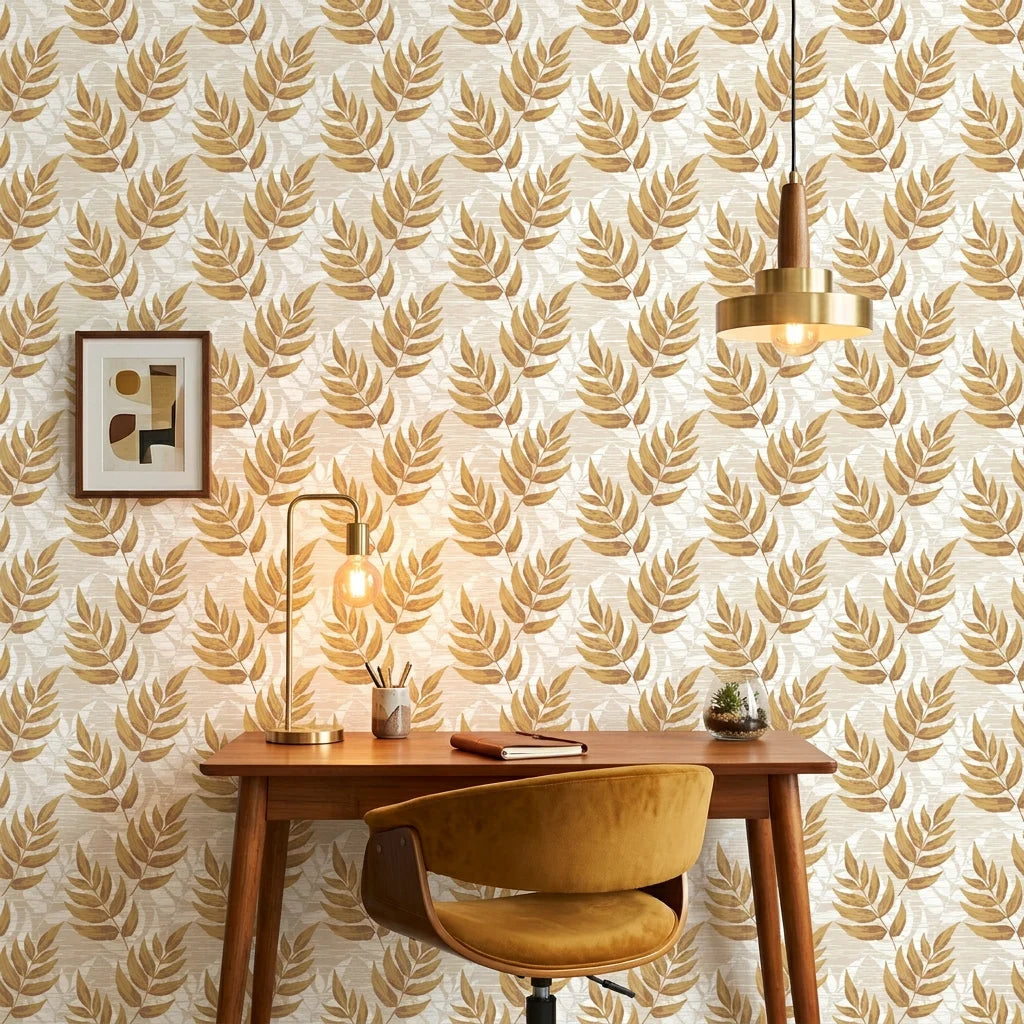 Golden Fern removable wallpaper in mid-century modern home office with warm brass lighting