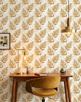 Golden Fern removable wallpaper in mid-century modern home office with warm brass lighting
