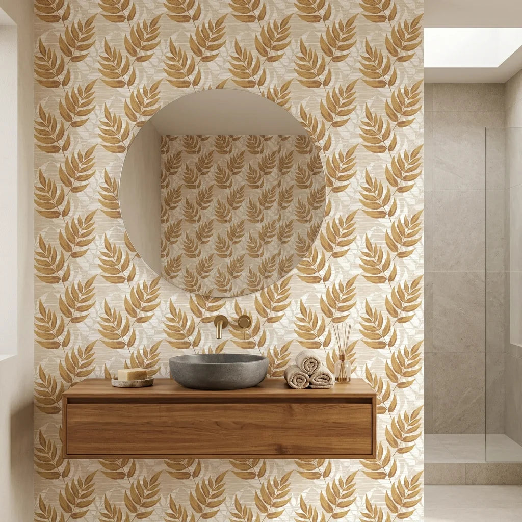 Golden and cream Golden Fern botanical wallpaper in modern bathroom with floating vanity