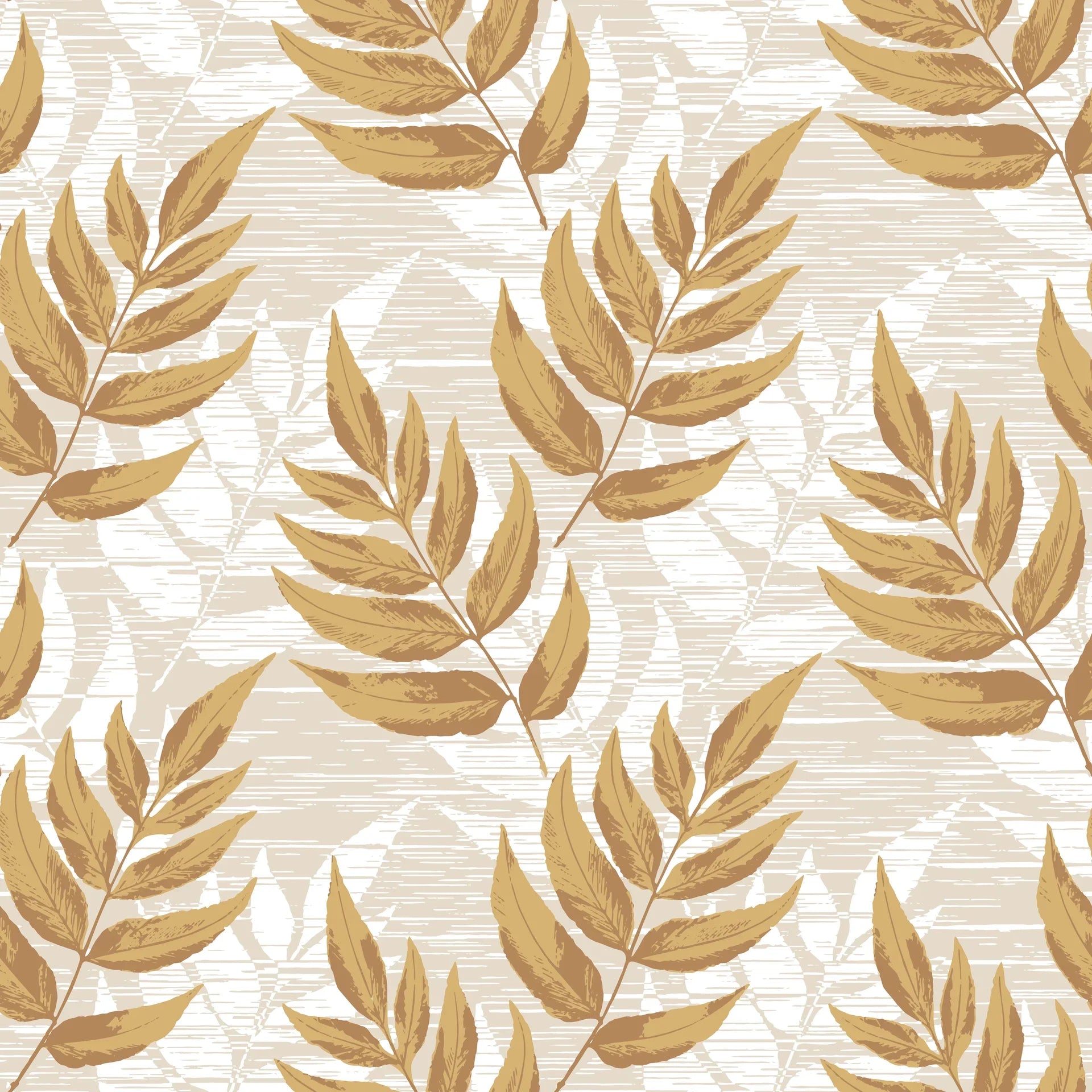 Botanical Golden Fern wallpaper with warm gold leaves on textured cream background in soft natural lighting
