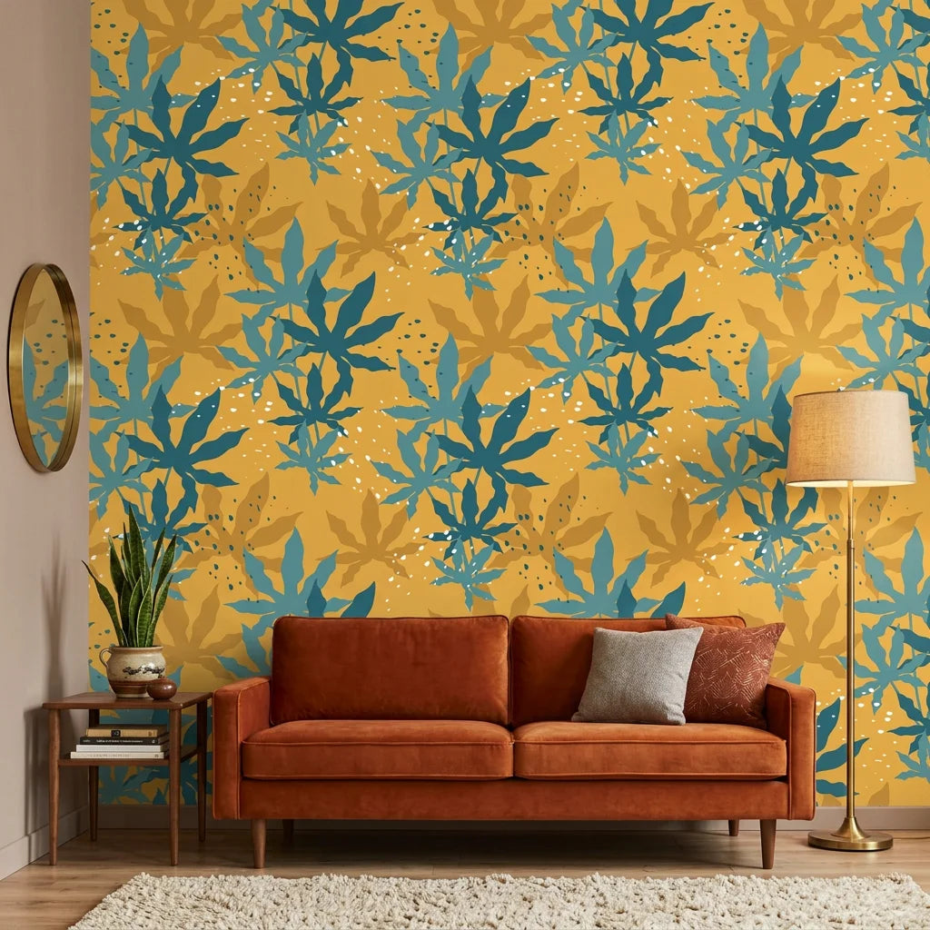 Golden Frond golden teal tropical palm in a warm and inviting living room