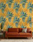 Golden Frond golden teal tropical palm in a warm and inviting living room