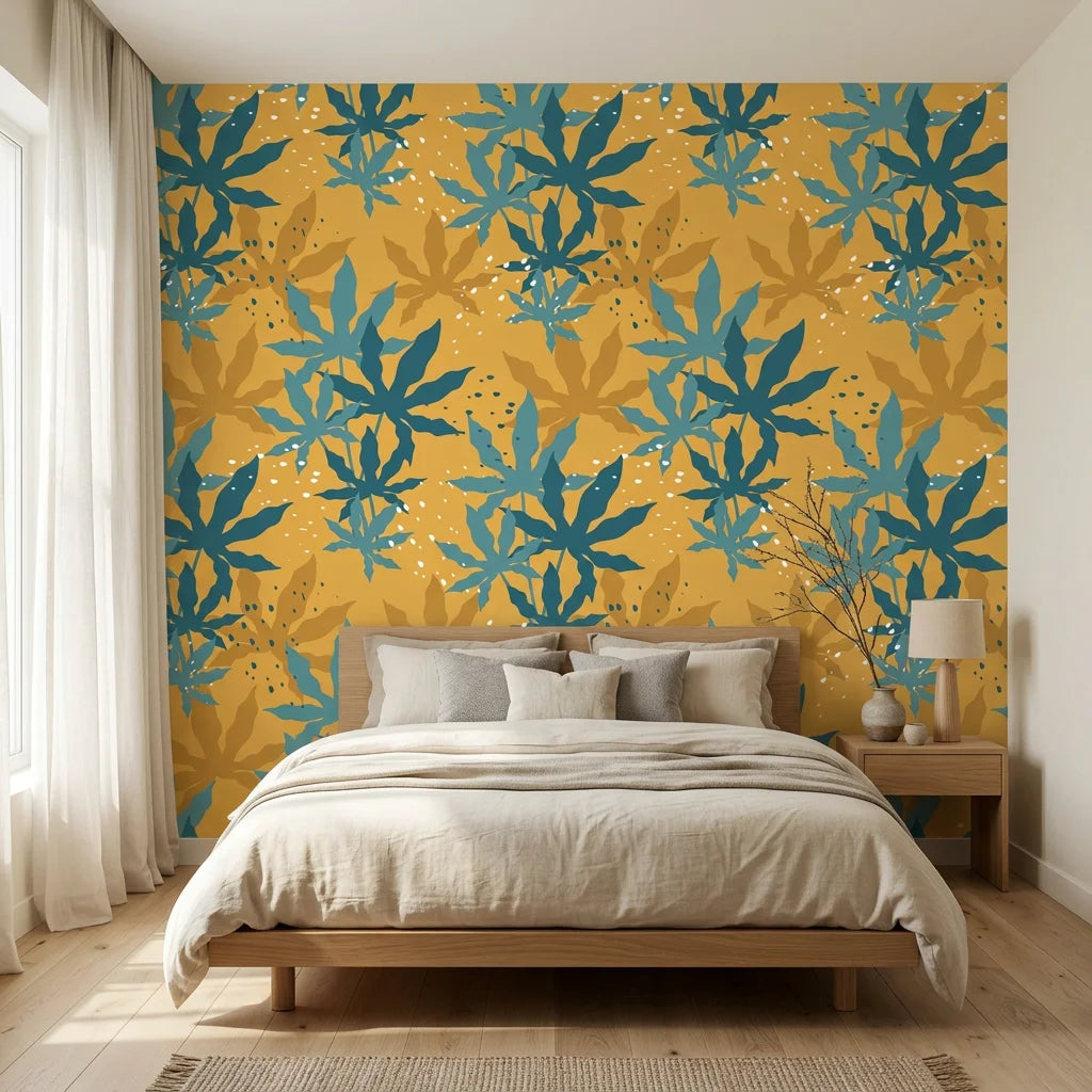 Golden Frond golden teal tropical palm adding character to a cozy bedroom