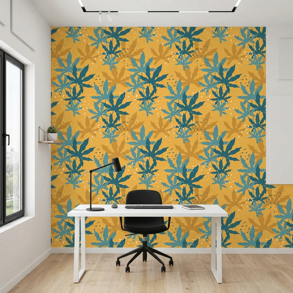 Golden Frond golden teal tropical palm as a feature wall in a bright home office