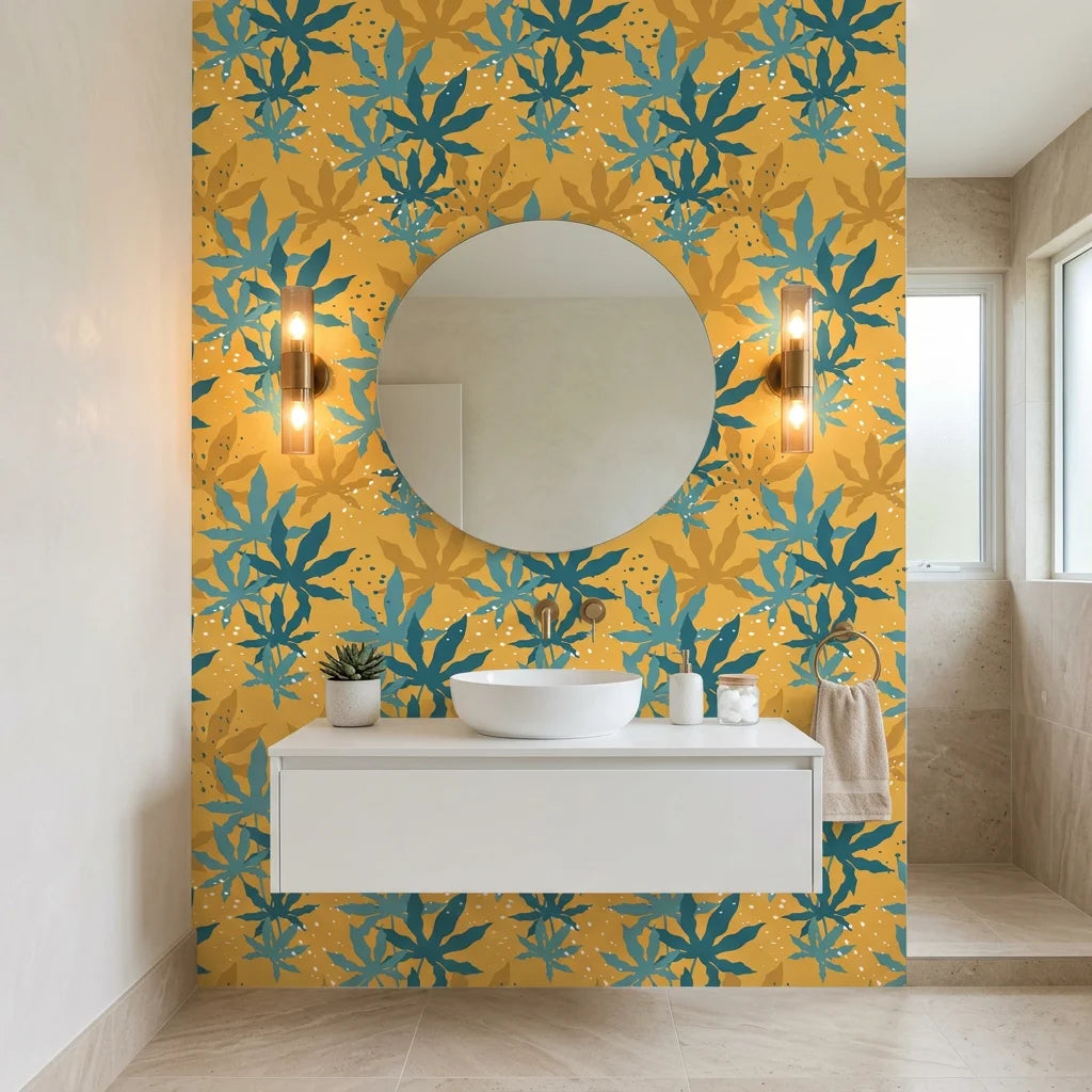 Golden Frond golden teal tropical palm creating ambiance in a serene bathroom
