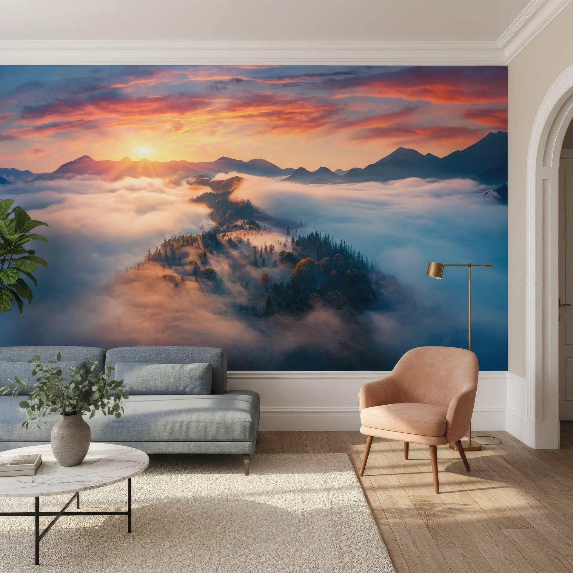 Grand golden entrance through mountain or natural passage removable wallpaper