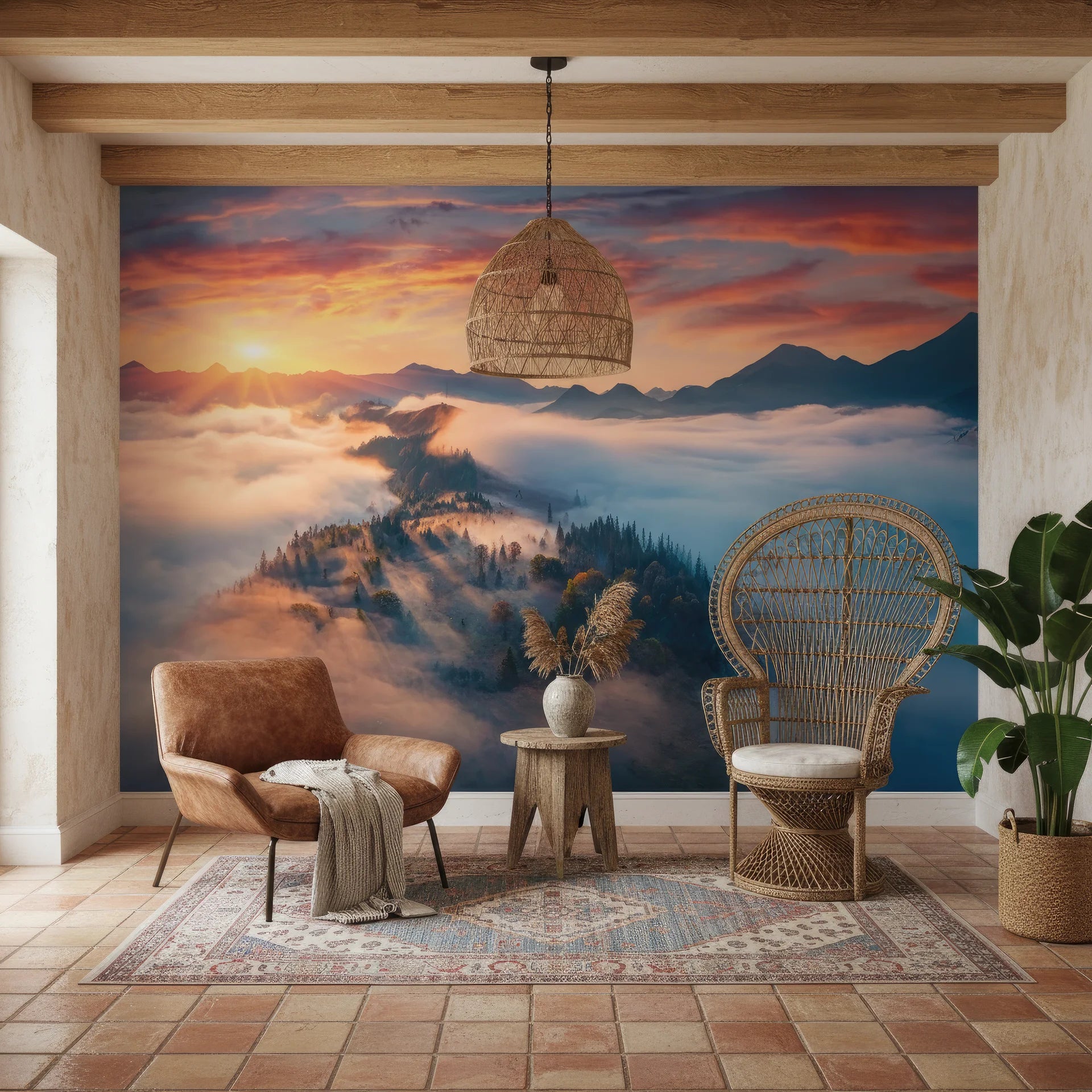 Glowing golden entryway through natural landscape features peel and stick wallpaper