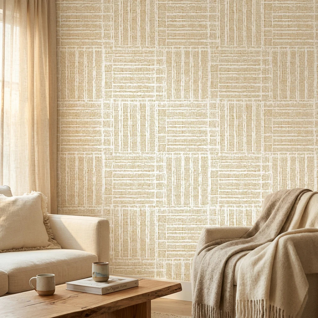 Golden Grasscloth geometric basketweave wallpaper in warm neutral living room with natural light
