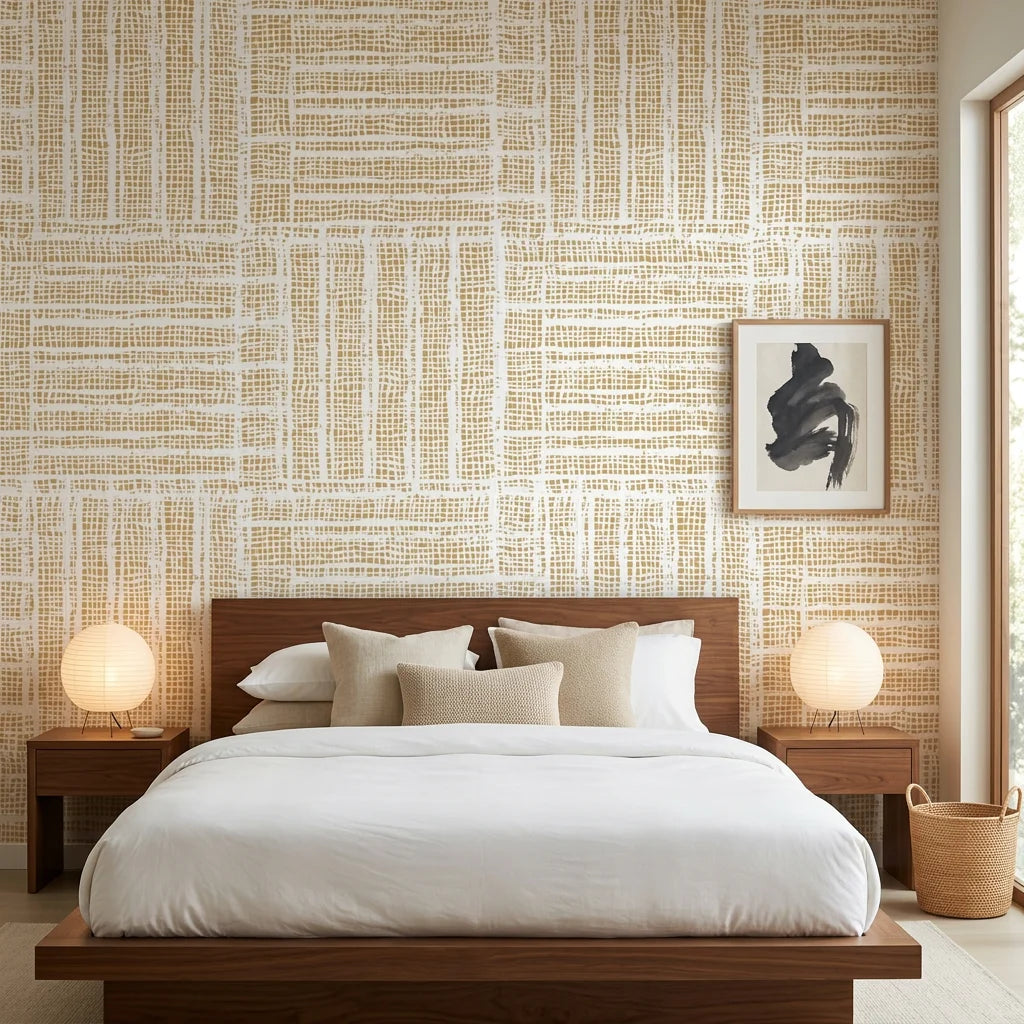 Textured woven grasscloth wallpaper in natural beige tones behind mid-century modern bedroom
