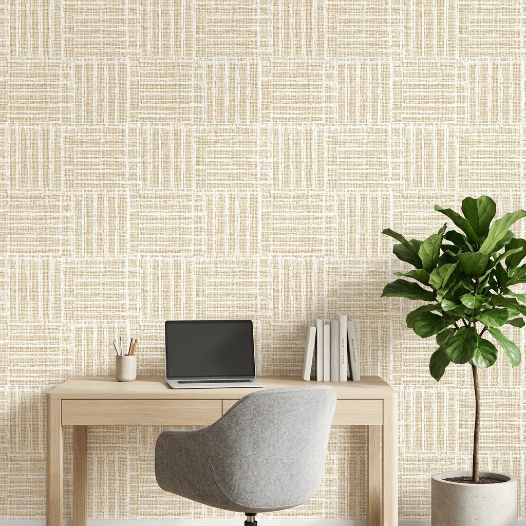 Golden Grasscloth removable wallpaper in modern home office with natural woven texture and warm neutral tones