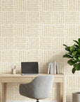 Golden Grasscloth removable wallpaper in modern home office with natural woven texture and warm neutral tones
