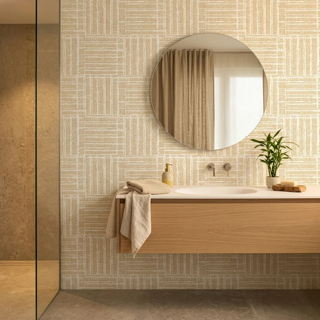 Cream and gold Golden Grasscloth peel and stick wallpaper in modern minimalist bathroom with woven basket-weave texture