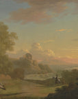 Classical landscape Golden Hour Valley wallpaper with pastoral figures at sunset in muted earth tones