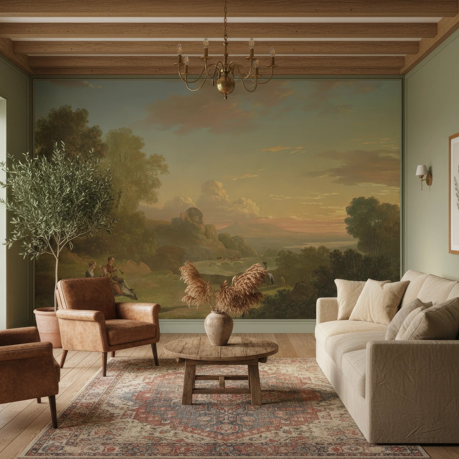 Classical landscape mural wallpaper Golden Hour Valley featuring pastoral sunset scene in sage green and gold tones