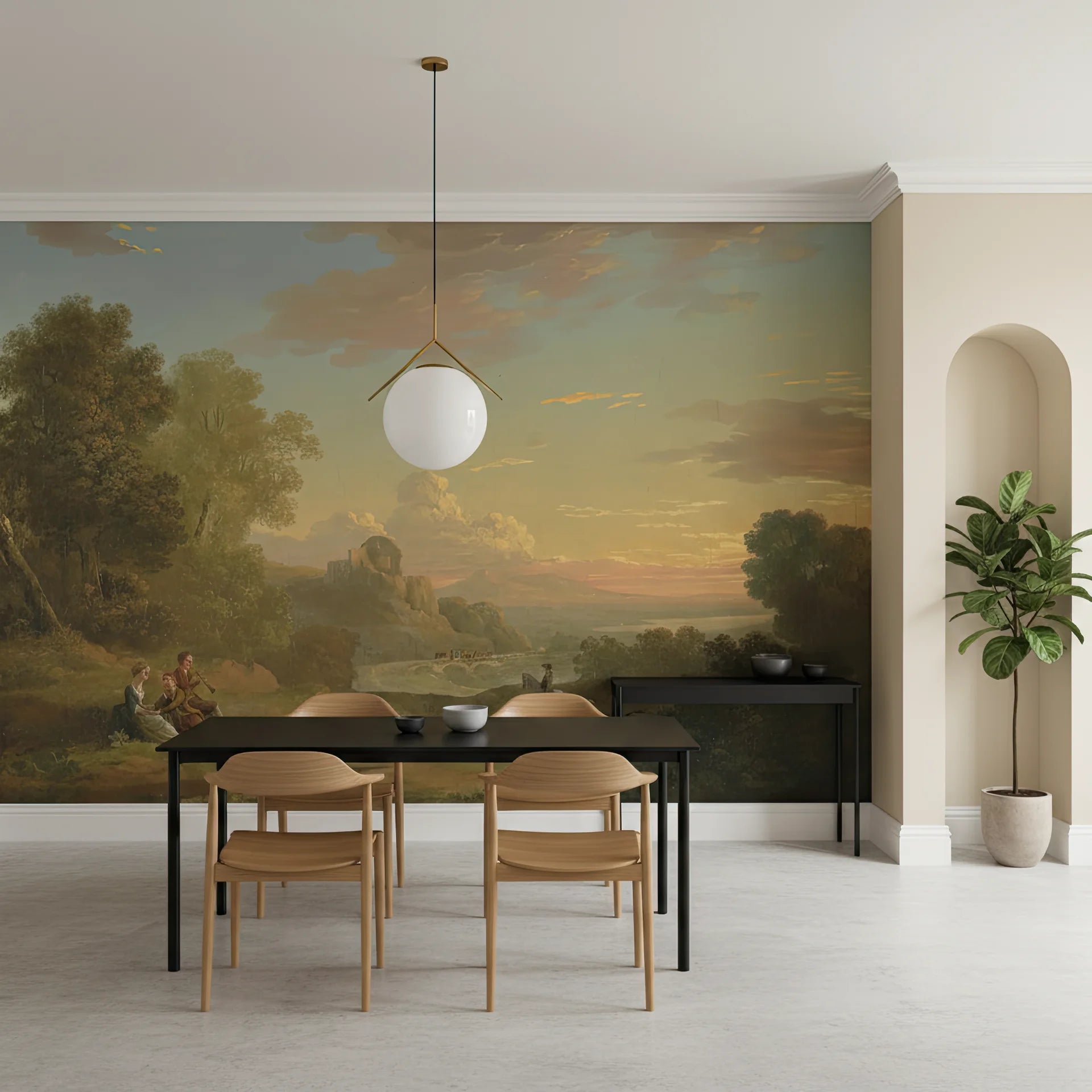Classical landscape mural wallpaper Golden Hour Valley featuring sunset sky and pastoral scene in dining room
