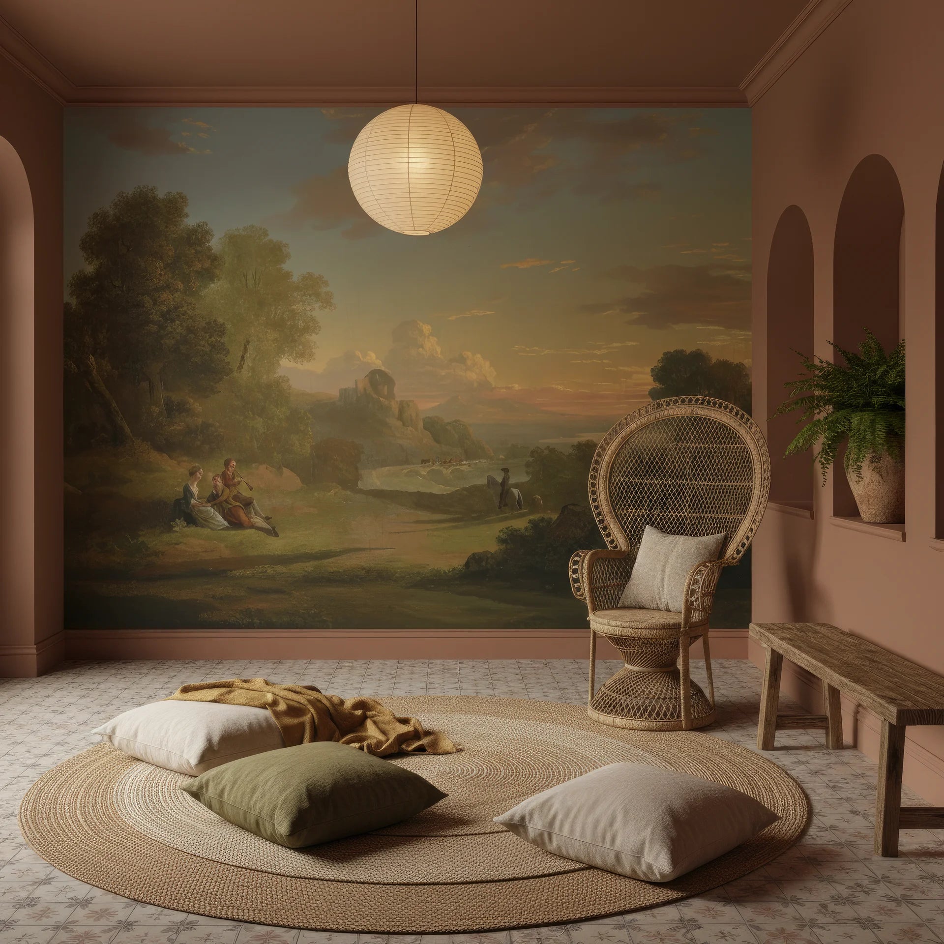 Golden Hour Valley pastoral mural wallpaper in terracotta room with peacock chair and natural textures