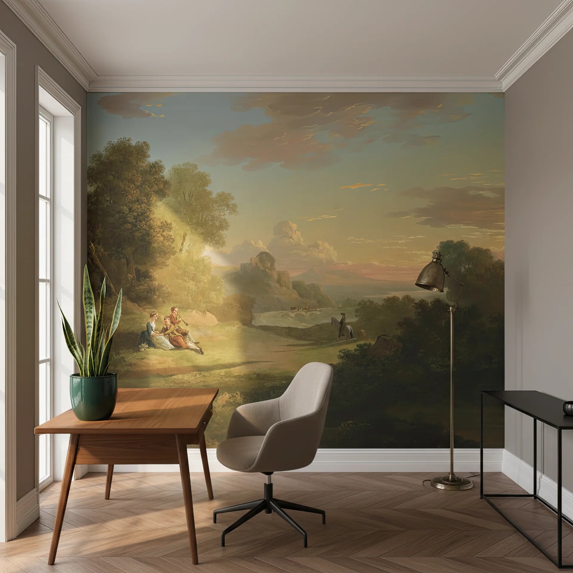Classical pastoral landscape mural featuring Golden Hour Valley scene in warm earth tones on home office accent wall