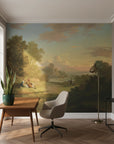 Classical pastoral landscape mural featuring Golden Hour Valley scene in warm earth tones on home office accent wall