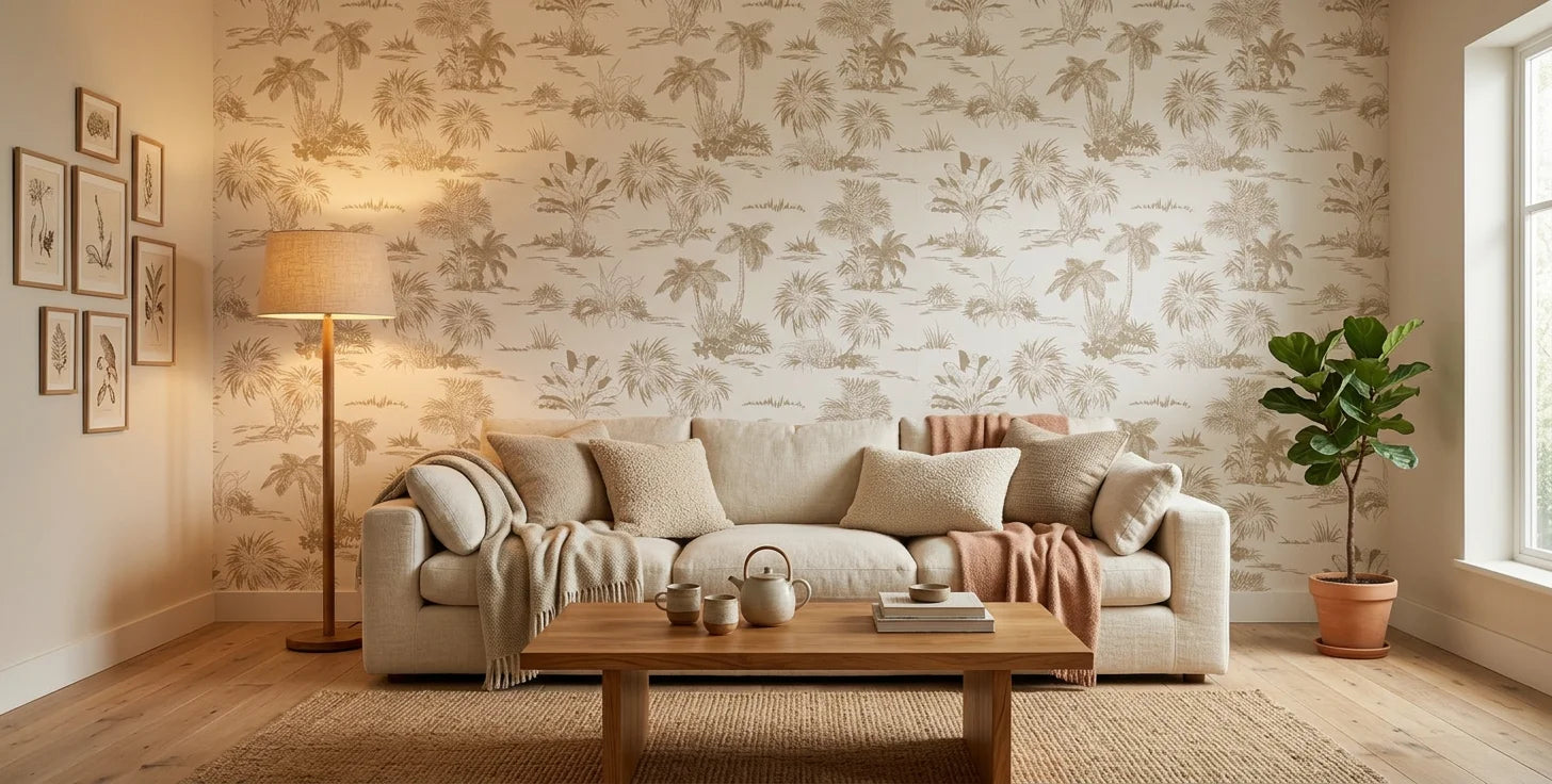 Golden Isles map wallpaper in a warm and inviting living room