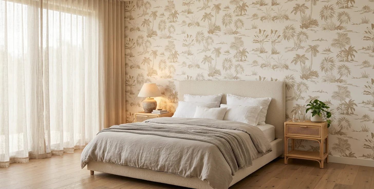 Golden Isles map wallpaper adding character to a cozy bedroom