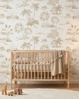 Golden Isles map wallpaper creating ambiance in a serene bathroom