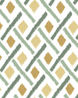 Hand painted geometric wallpaper with soft diamond shapes and angled brush strokes in sage green, olive, and warm ochre on a white background.