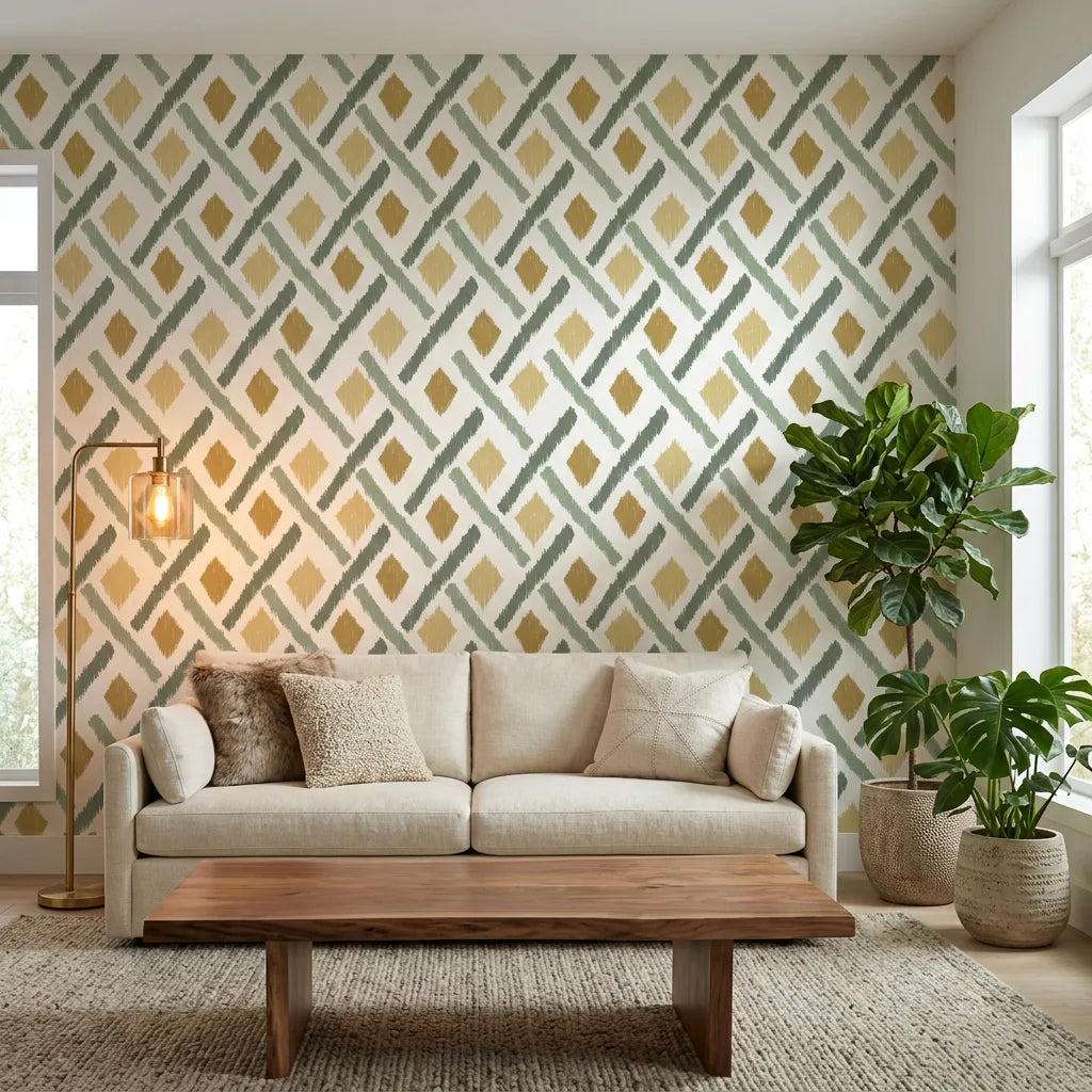 Golden Lattice regal geometric wallpaper in a warm and inviting living room