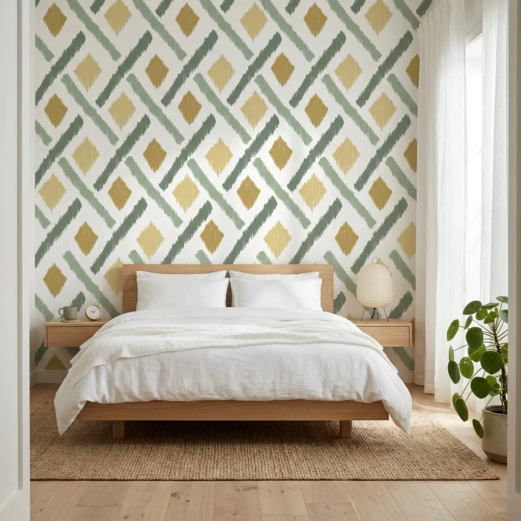 Golden Lattice regal geometric wallpaper adding character to a cozy bedroom