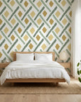 Golden Lattice regal geometric wallpaper adding character to a cozy bedroom