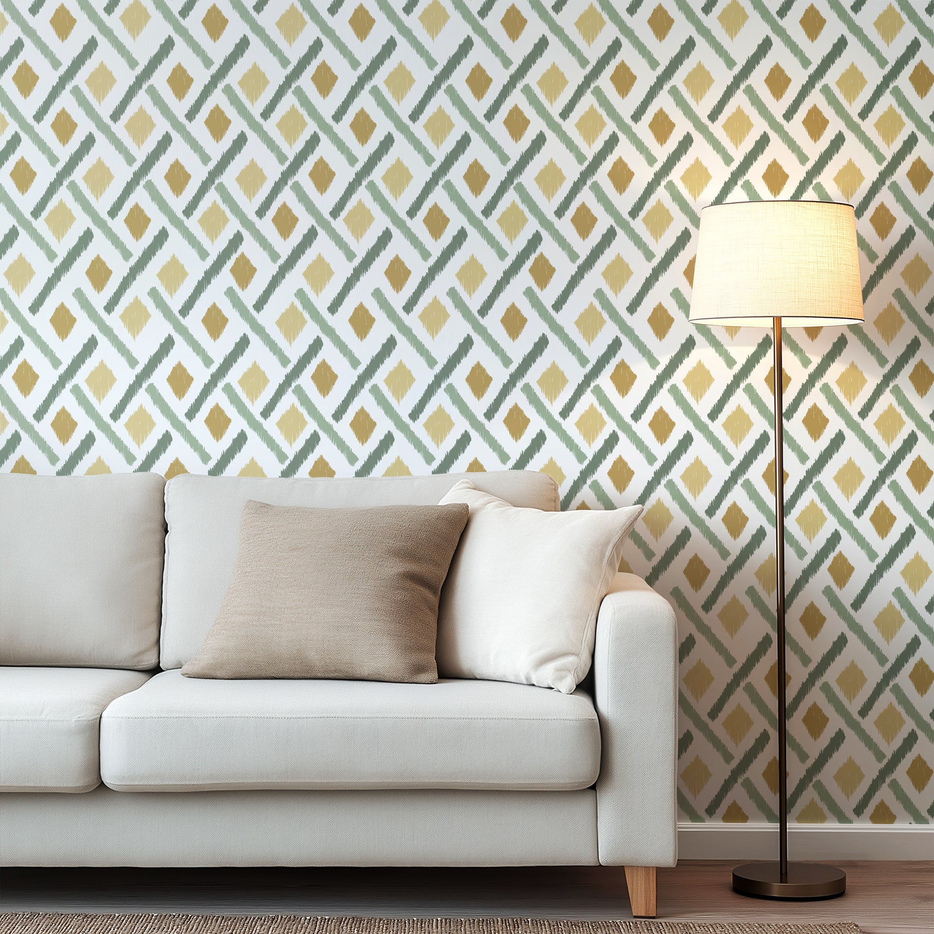 Hand painted geometric wallpaper with soft diamond shapes and angled brush strokes in sage green, olive, and warm ochre on a white background.