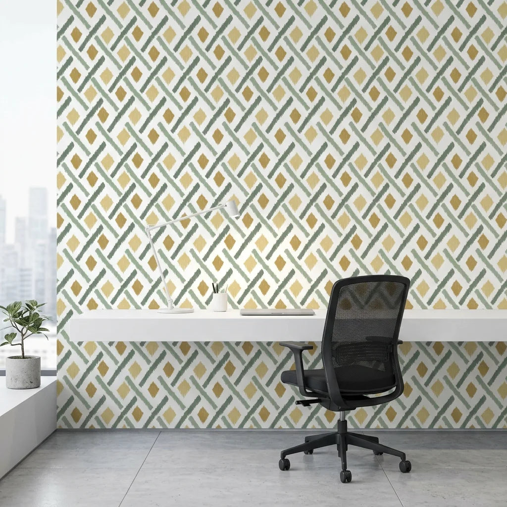 Golden Lattice regal geometric wallpaper as a feature wall in a bright home office