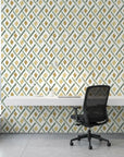 Golden Lattice regal geometric wallpaper as a feature wall in a bright home office