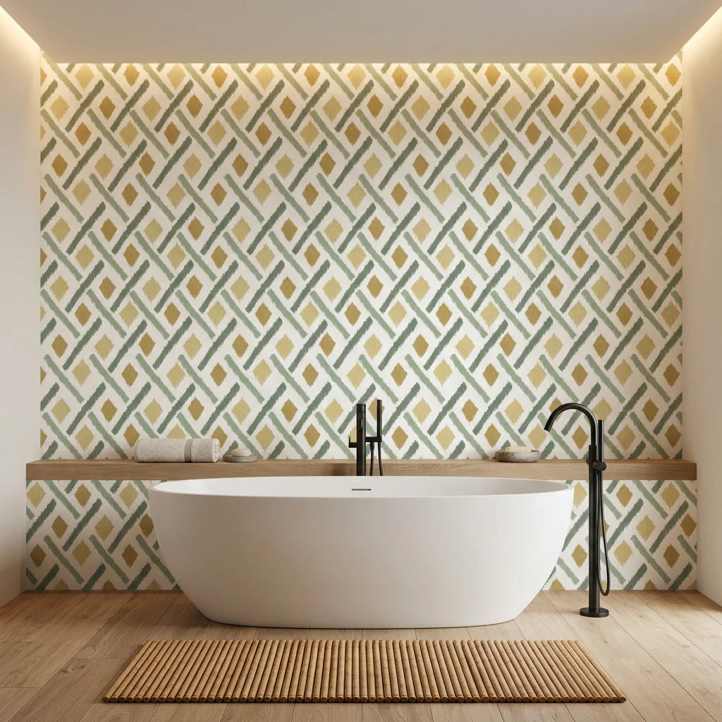Golden Lattice regal geometric wallpaper creating ambiance in a serene bathroom