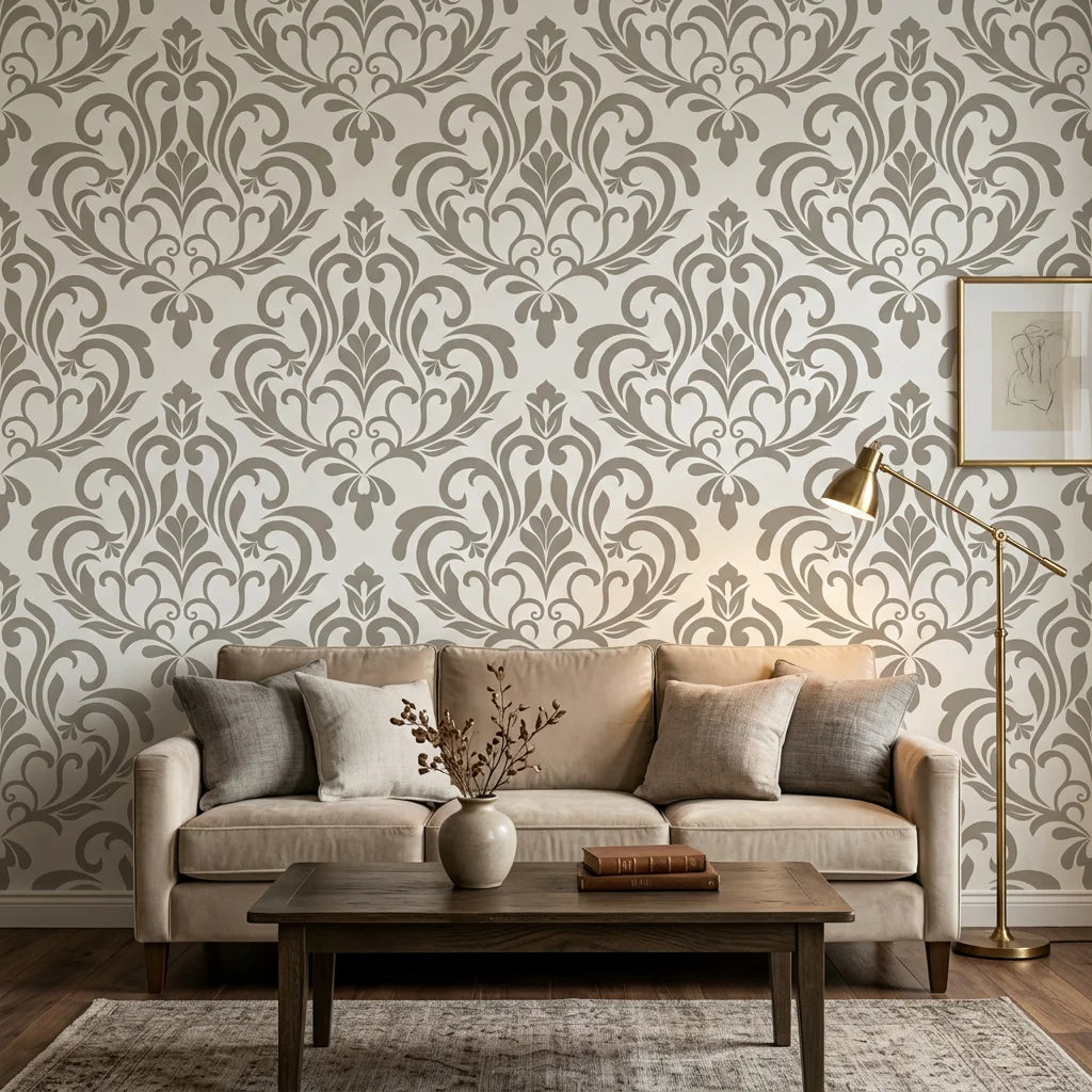 Golden Leaf Waltz taupe grey damask wallpaper in a warm and inviting living room