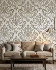 Golden Leaf Waltz taupe grey damask wallpaper in a warm and inviting living room