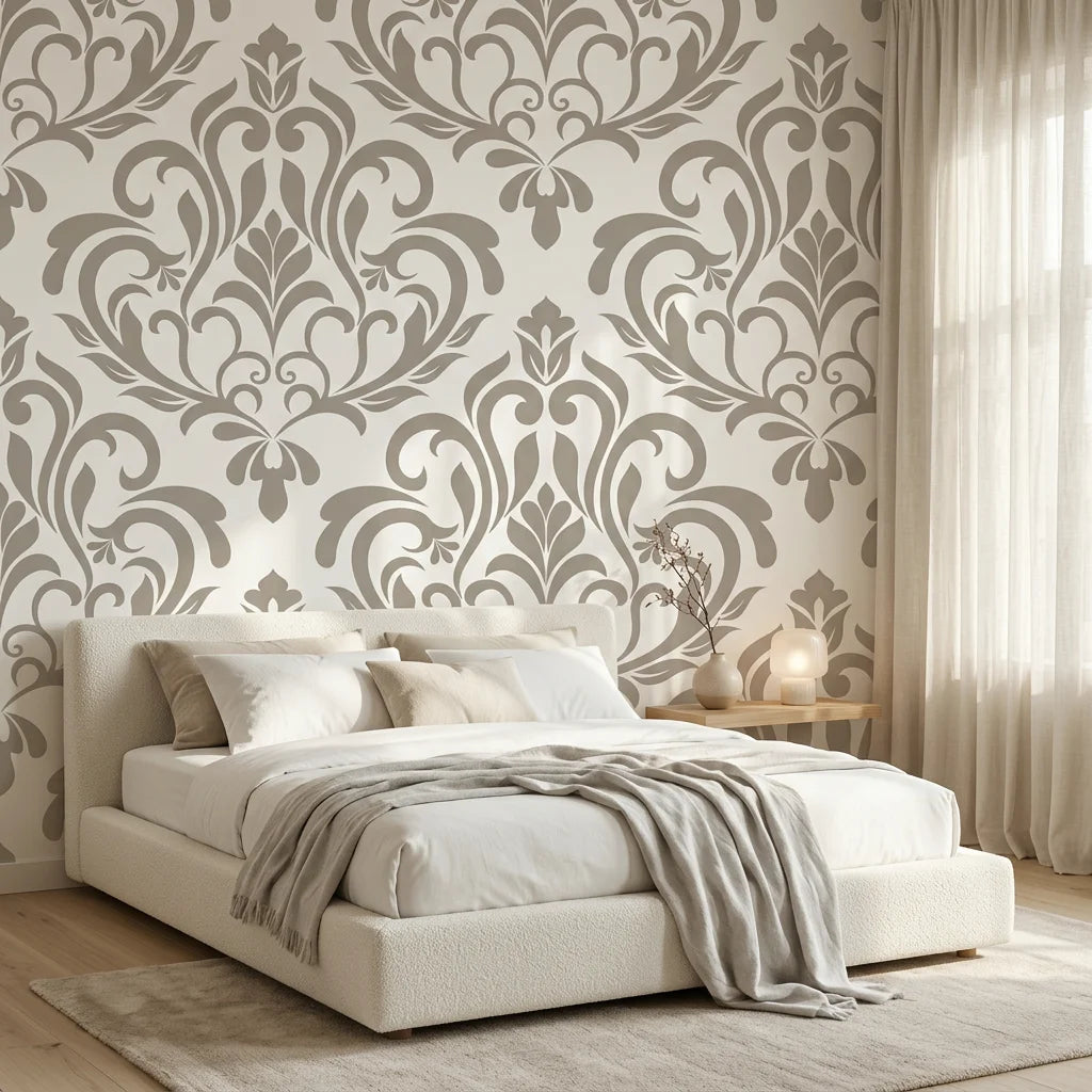 Golden Leaf Waltz taupe grey damask wallpaper adding character to a cozy bedroom