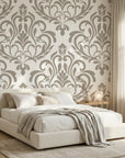 Golden Leaf Waltz taupe grey damask wallpaper adding character to a cozy bedroom