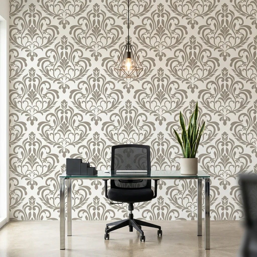 Golden Leaf Waltz taupe grey damask wallpaper as a feature wall in a bright home office