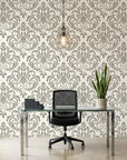 Golden Leaf Waltz taupe grey damask wallpaper as a feature wall in a bright home office