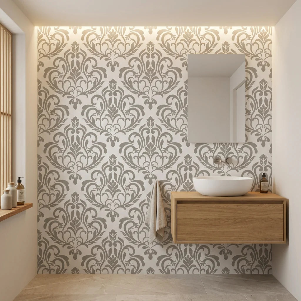 Golden Leaf Waltz taupe grey damask wallpaper creating ambiance in a serene bathroom