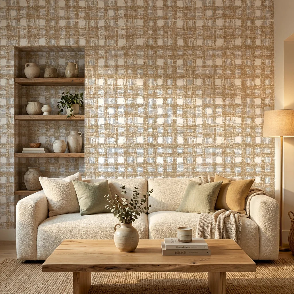Golden Loom textured plaid wallpaper in warm beige tones on living room accent wall