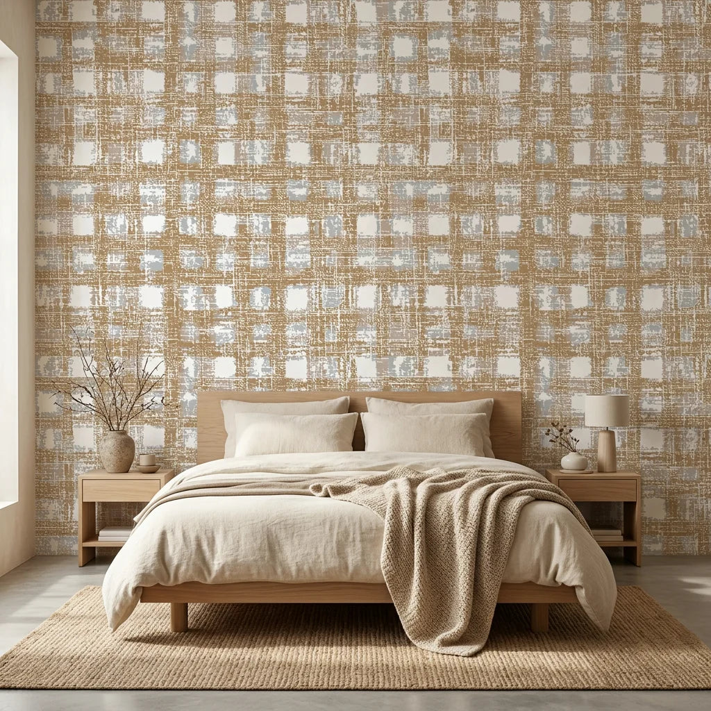 Linen textured Golden Loom wallpaper with distressed gold and cream plaid pattern on bedroom accent wall