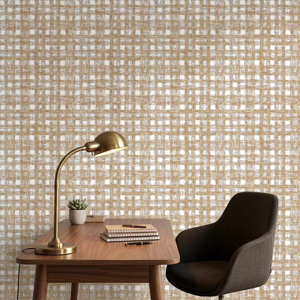 Golden Loom removable wallpaper with tan and white woven check pattern in modern home office