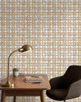 Golden Loom removable wallpaper with tan and white woven check pattern in modern home office
