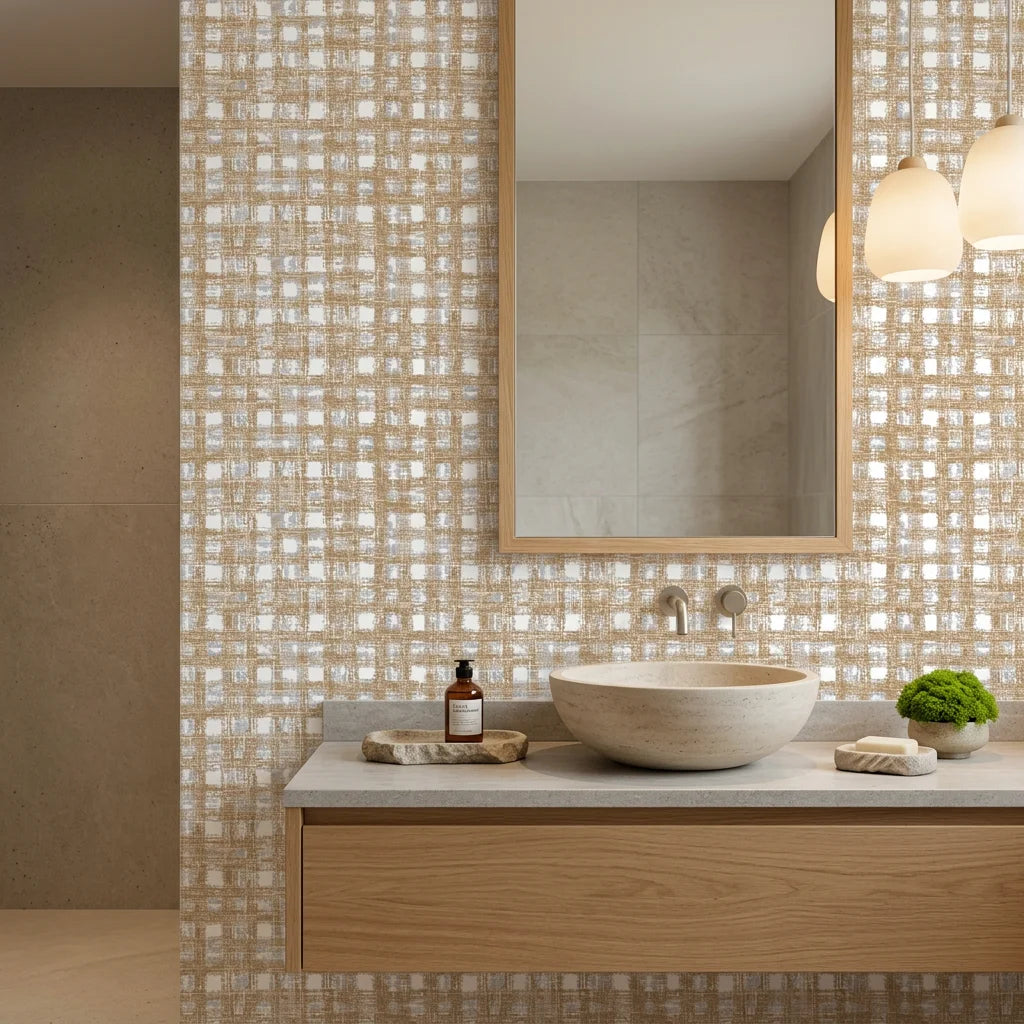 Gold and white Golden Loom basketweave wallpaper in modern bathroom with vessel sink