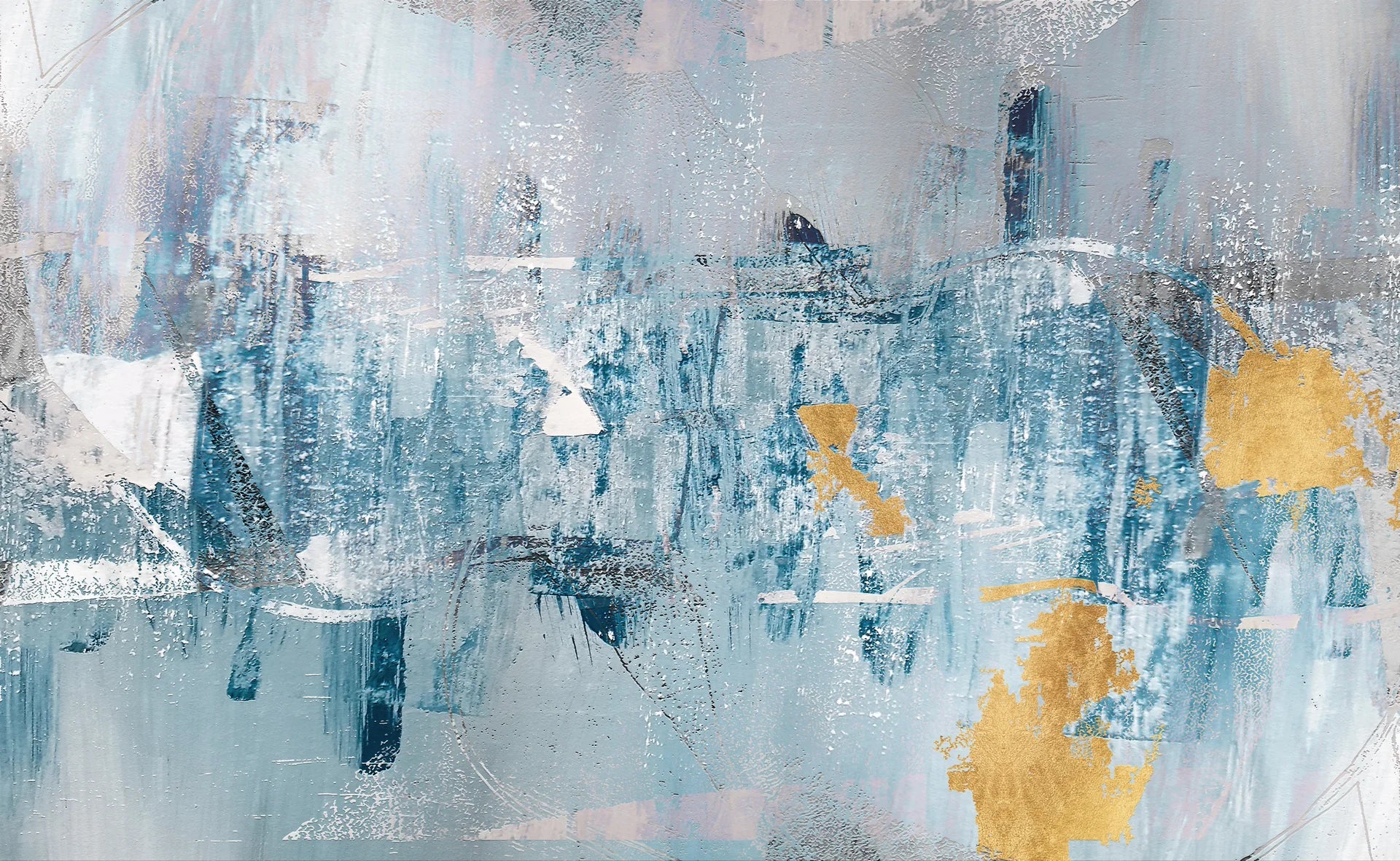 Golden Mist blue and gold abstract wallpaper creating ambiance in a serene bathroom