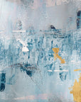 Golden Mist blue and gold abstract wallpaper creating ambiance in a serene bathroom