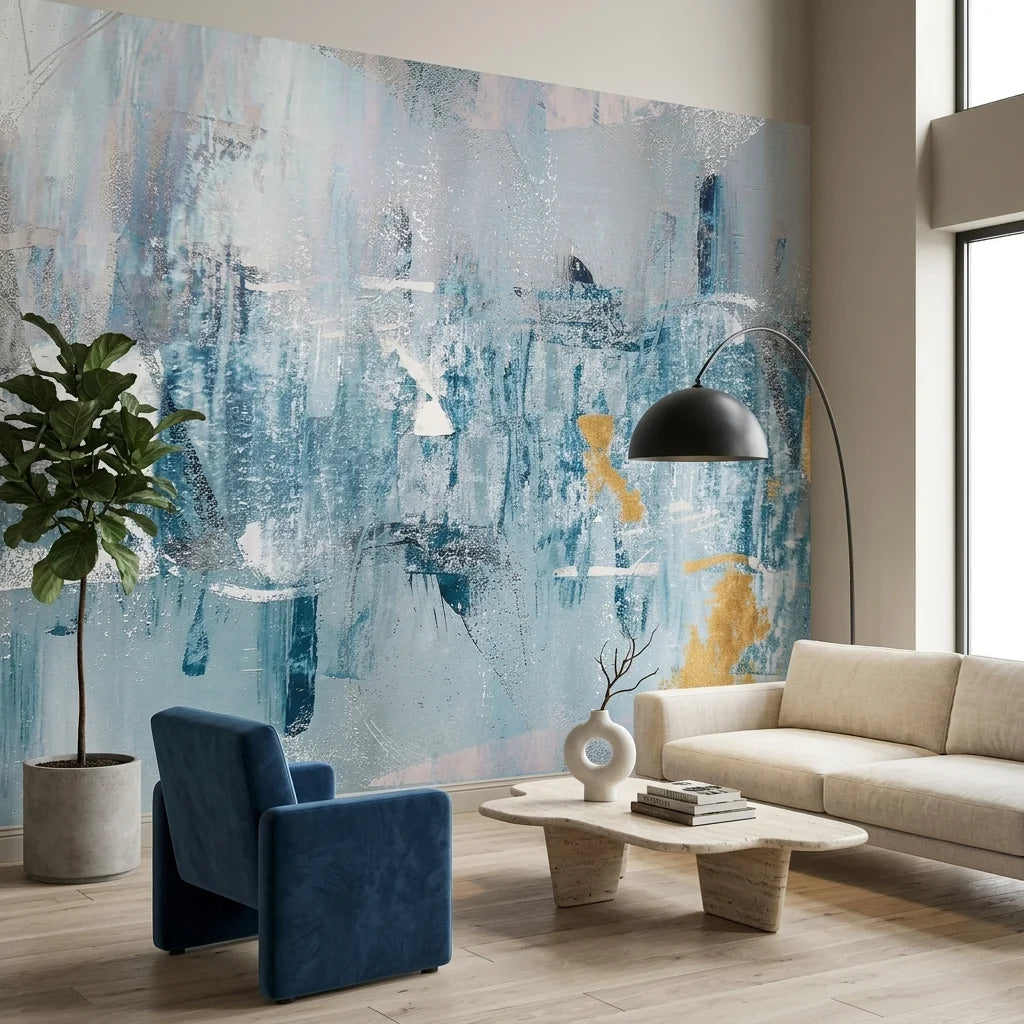 Textured blue and gold abstract painterly peel and stick wallpaper - Golden Mist