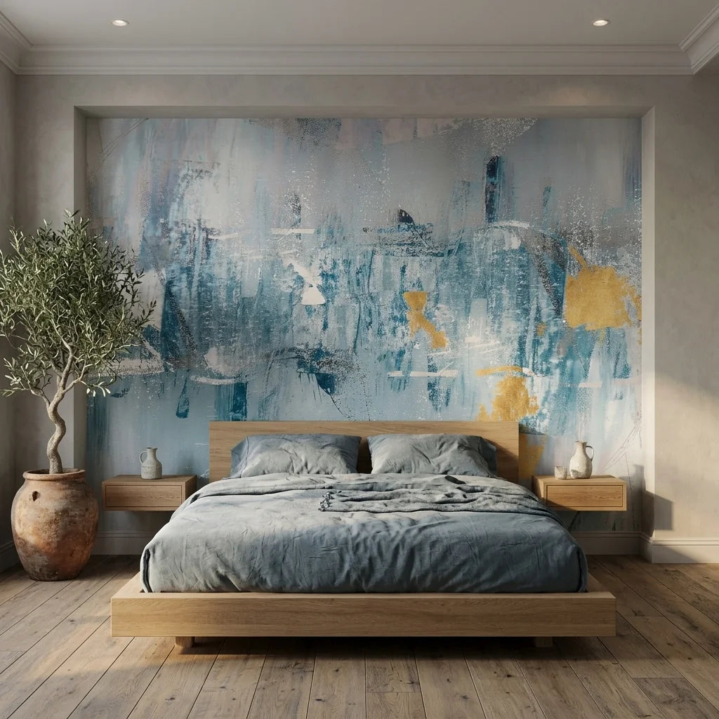 Golden Mist blue and gold abstract wallpaper in a warm and inviting living room